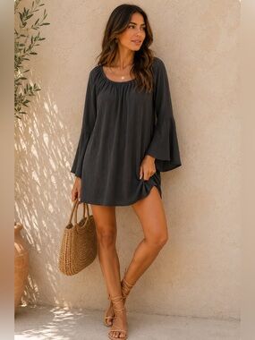 Tree Light Boutique Boho Bell Sleeve Tunic Dress M NWT Soft Gray Flowy Chic ✨